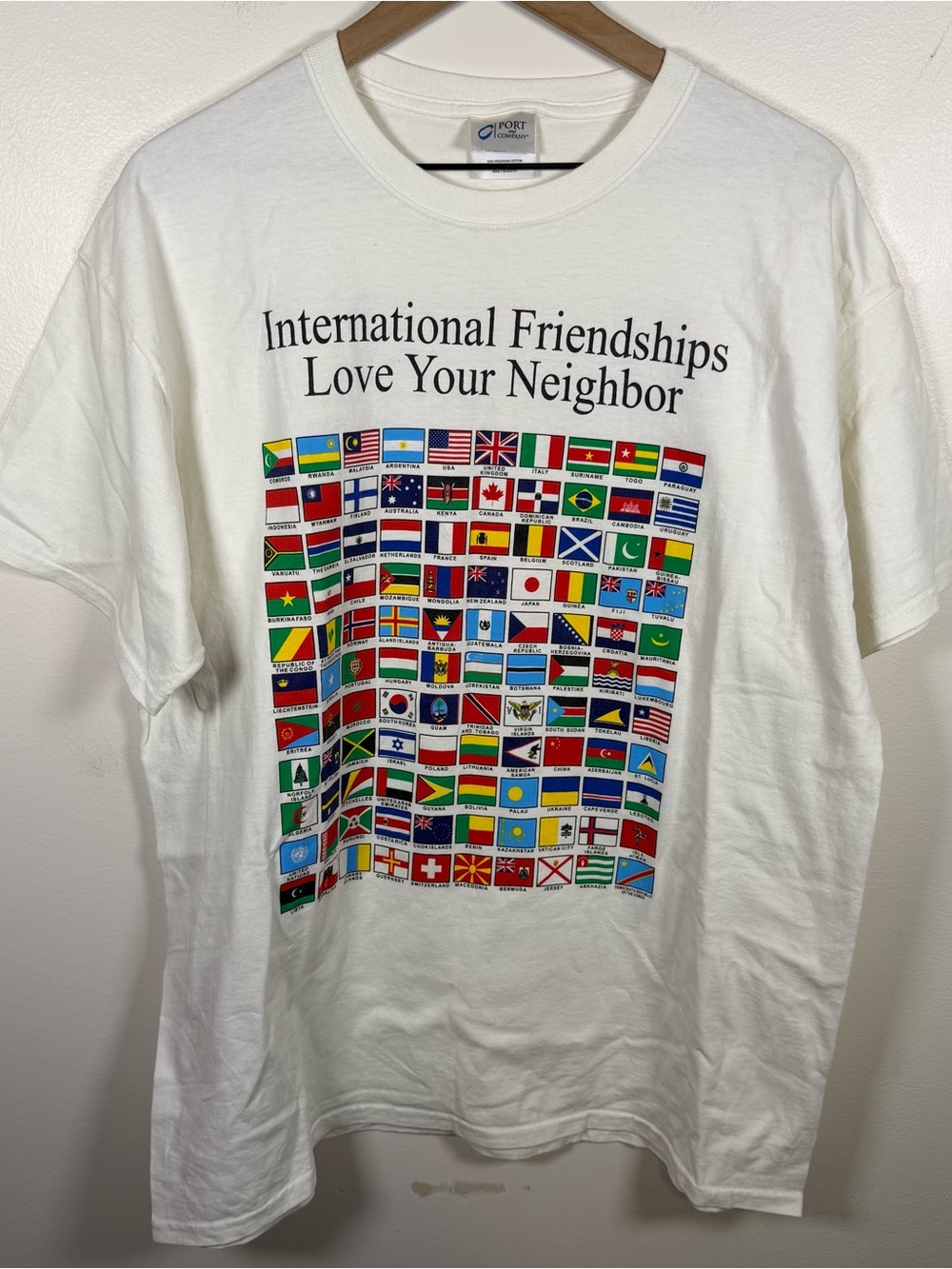 International Flags T-Shirt XL Double Sided Graphic Print Love Your Neighbor Y2K